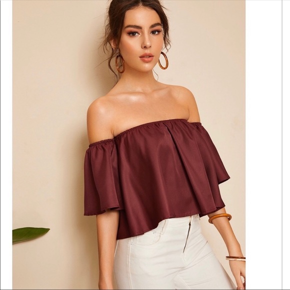 NEW Burgundy Shirred Off the Shoulder Top - Picture 2 of 5